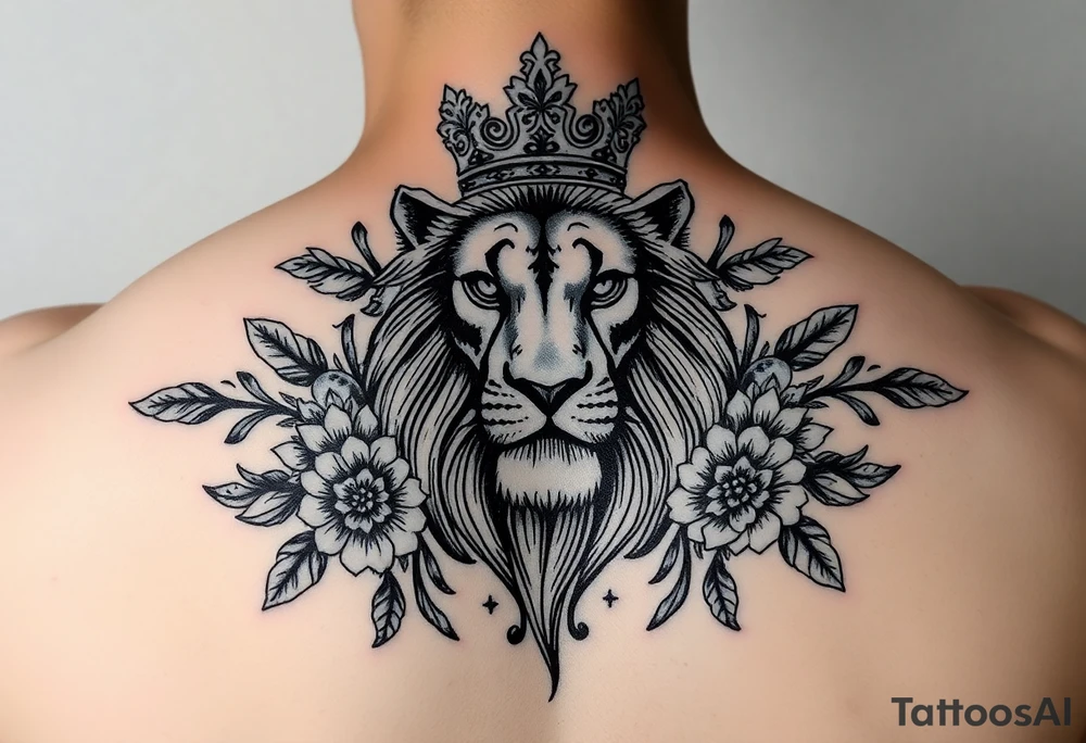 powerful majestic lion with a crown, surrounded by floral ornaments and birds tattoo idea