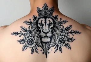 powerful majestic lion with a crown, surrounded by floral ornaments and birds tattoo idea