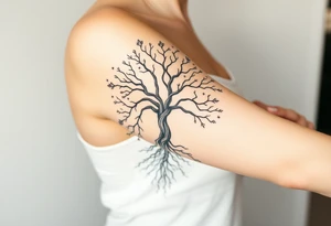 mystical tree of life with cosmic roots and celestial branches tattoo idea