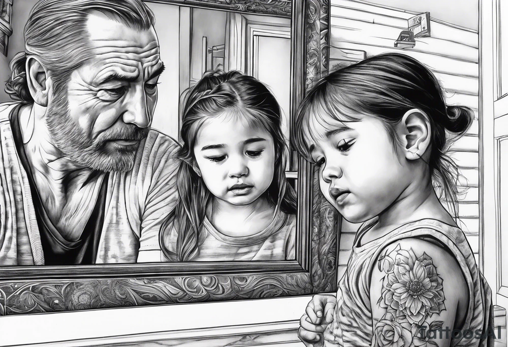 Little girl crying in the mirror with older self looking back and father spirit standing behind tattoo idea