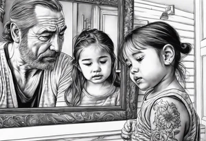 Little girl crying in the mirror with older self looking back and father spirit standing behind tattoo idea