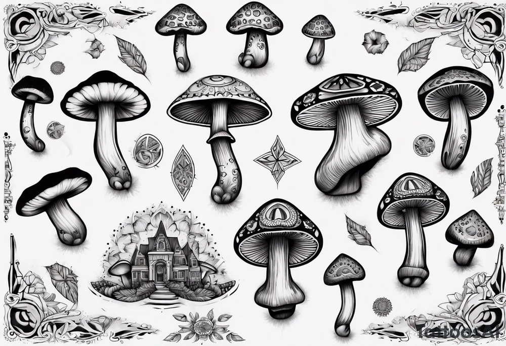 mushrooms out of book, psychedelic, mandala tattoo idea