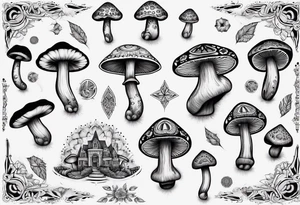 mushrooms out of book, psychedelic, mandala tattoo idea