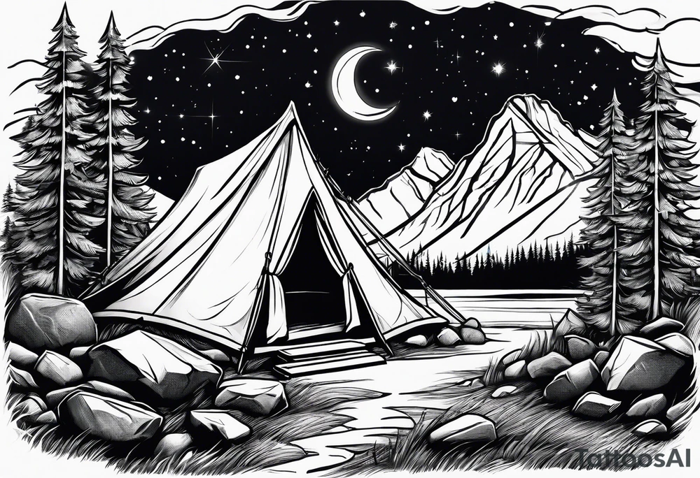 tent and camp fire with stone seating 
forest mountains and the northern lights in the sky tattoo idea