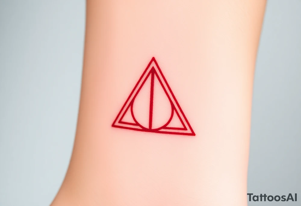 A minimalist Deathly Hallows  full symbol outline in red ink tattoo idea