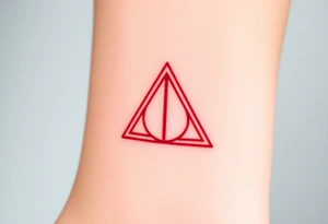 A minimalist Deathly Hallows  full symbol outline in red ink tattoo idea