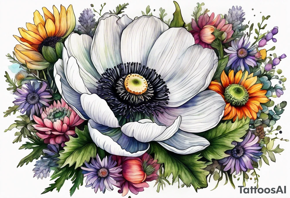 one white anemone with black center in the middle of mixed colorful wildflowers all with different shapes including thistles, ferns, ranuculus, and sun flowers all in watercolor tattoo idea