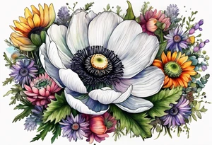 one white anemone with black center in the middle of mixed colorful wildflowers all with different shapes including thistles, ferns, ranuculus, and sun flowers all in watercolor tattoo idea