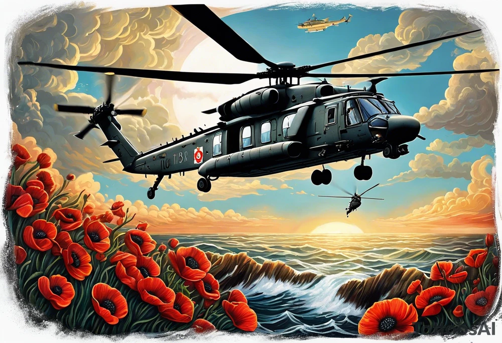 A cinematic-style tattoo depicting a Canadian military CH-148 Cyclone helicopter performing a daring maneuver over a turbulent ocean. The sky should be filled with dramatic clouds, and the sun should be setting, casting long shadows. The helicopter should be the main focus, with intricate details and a sense of motion. In the background, a poppy should be prominently displayed, and a quote from 'Lest We Forget' should be included, black and white tattoo tattoo idea