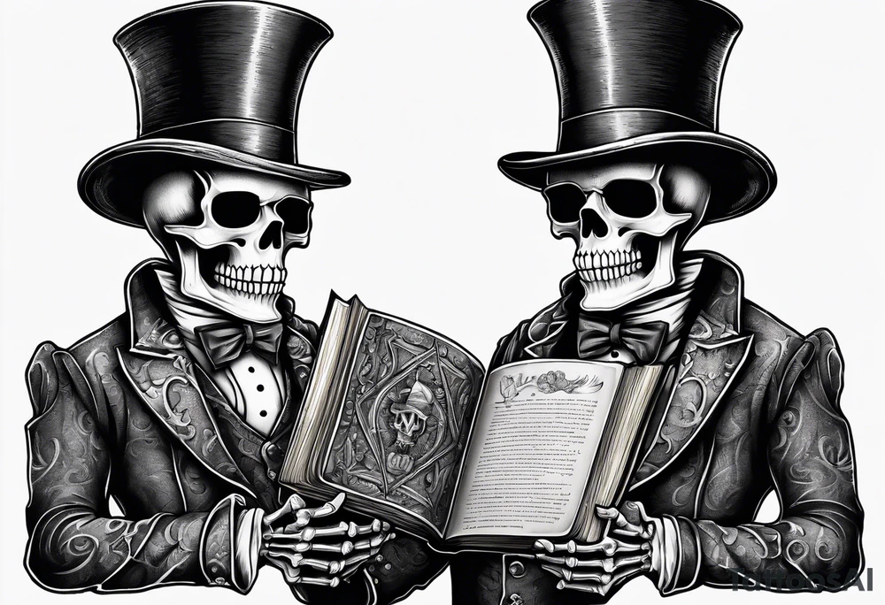 old time skeleton wearing a top hat holding a bible tattoo idea