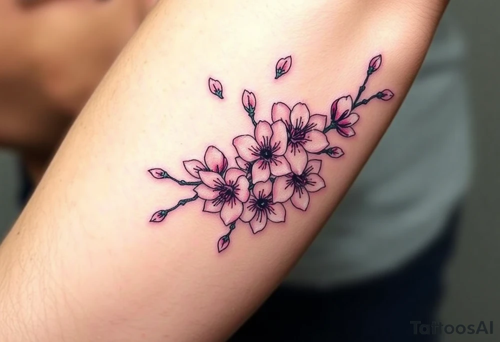 delicate cherry blossoms swirling in spring breeze with petals tattoo idea