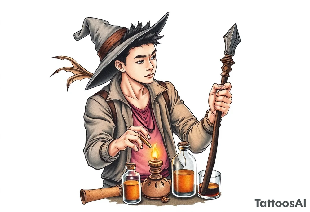 Handsome Asian young adult guy is  accidentally stumbled upon witch tools, supplies, artifacts, potions and exploring it curiously tattoo idea