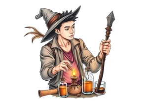 Handsome Asian young adult guy is  accidentally stumbled upon witch tools, supplies, artifacts, potions and exploring it curiously tattoo idea