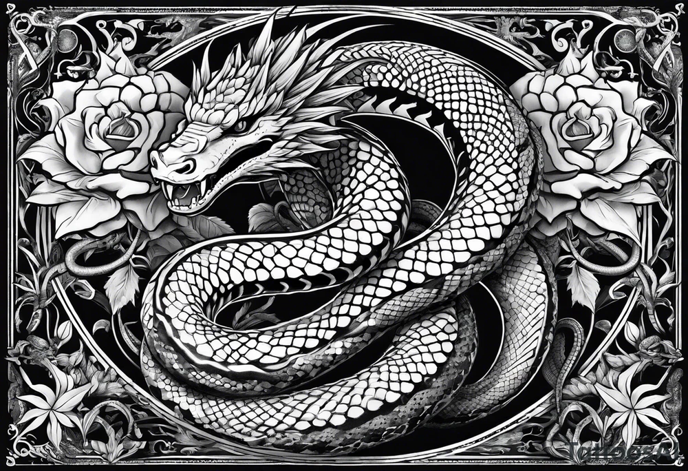 sleeve tattoo with a hydra snake, gun, weed symbol tattoo idea