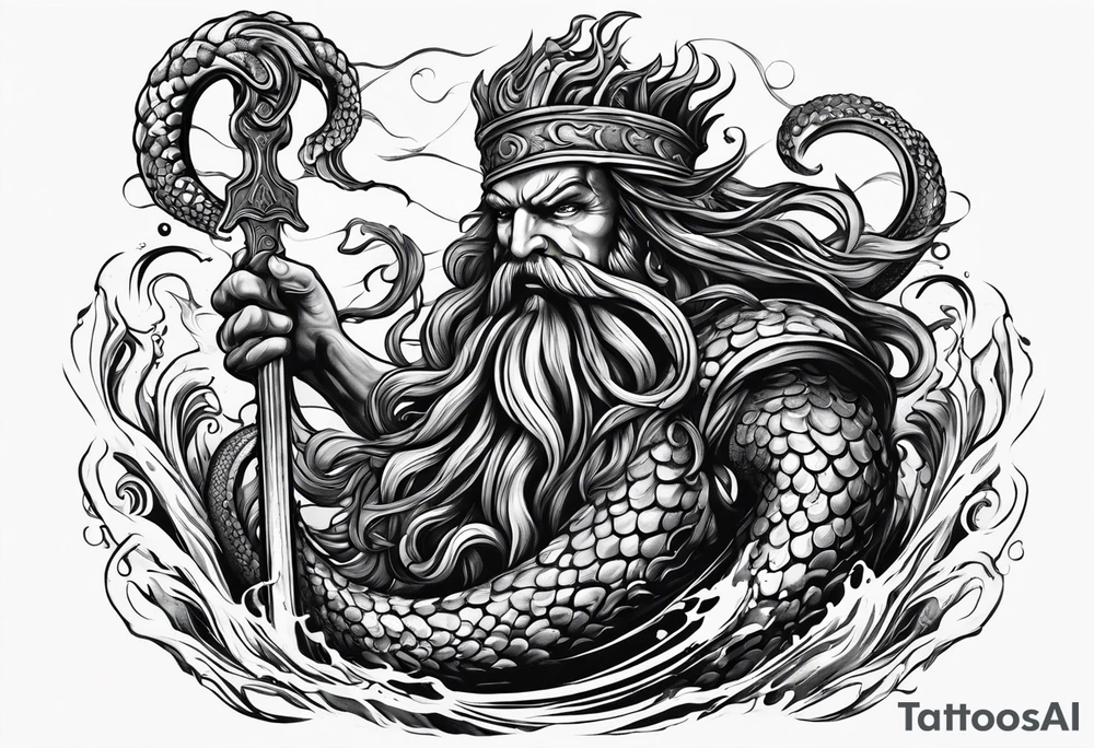 Kraken attacking wrapping tentacles Poseidon thrusting trident stormy sea tattoo idea