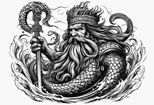 Kraken attacking wrapping tentacles Poseidon thrusting trident stormy sea tattoo idea