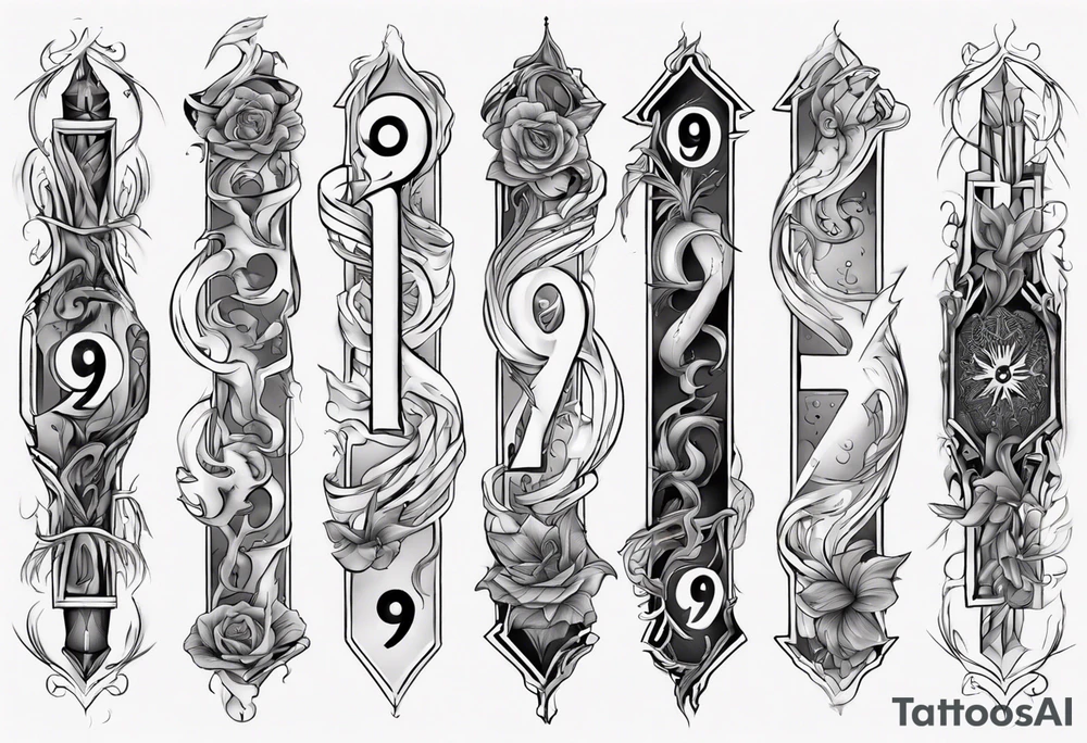 number 9 right side up and upside down connected tattoo black and grey on inside forearm 9:16 aspect ratio tattoo idea