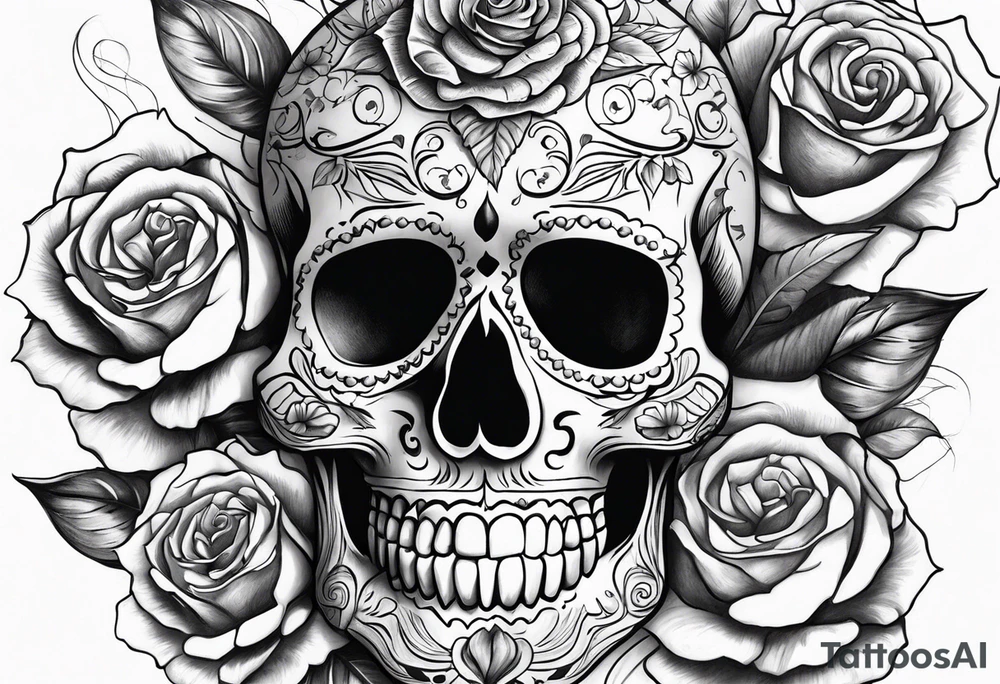 Day of the dead skull and roses tattoo idea
