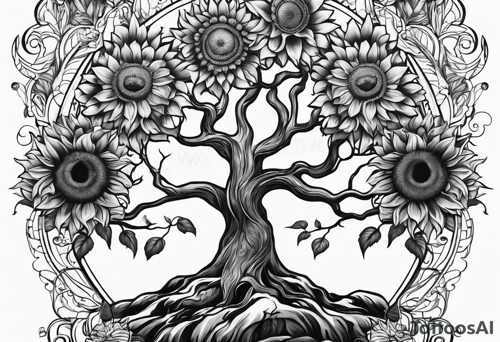 Feminine Yggdrasil tree with two sunflowers tattoo idea