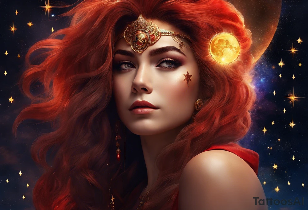 women turning to her side with a small leo zodiac symbol on her forehead, lion scratch scar on her eye and stars, moon and sun floating behind her head. however at the bottom  have her blend away like a smoke effect, you can use Stars or clouds to help fill in space. Also create a somewhat Smokey thin red line wrapping going from the back of the neck to the pinky and overlapping the woman tattoo as well. tattoo idea