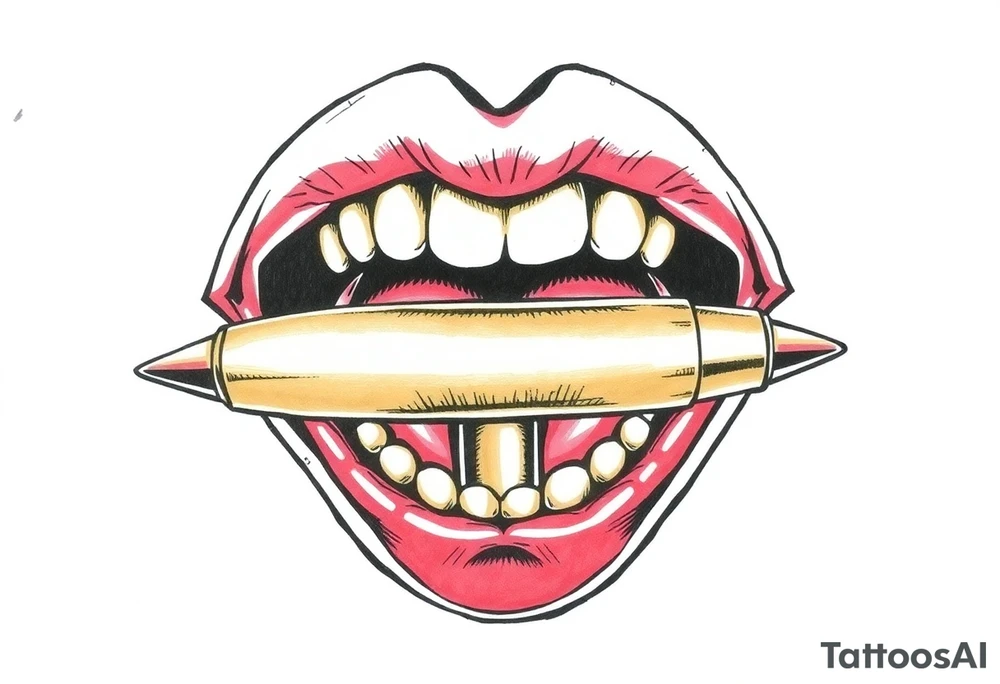 A set of lips snarling with 50cal bullet between teeth tattoo idea