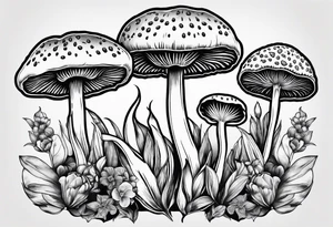 Amanita mushrooms, plants, tulips, serotonin symbol, semi colon tattoo idea
