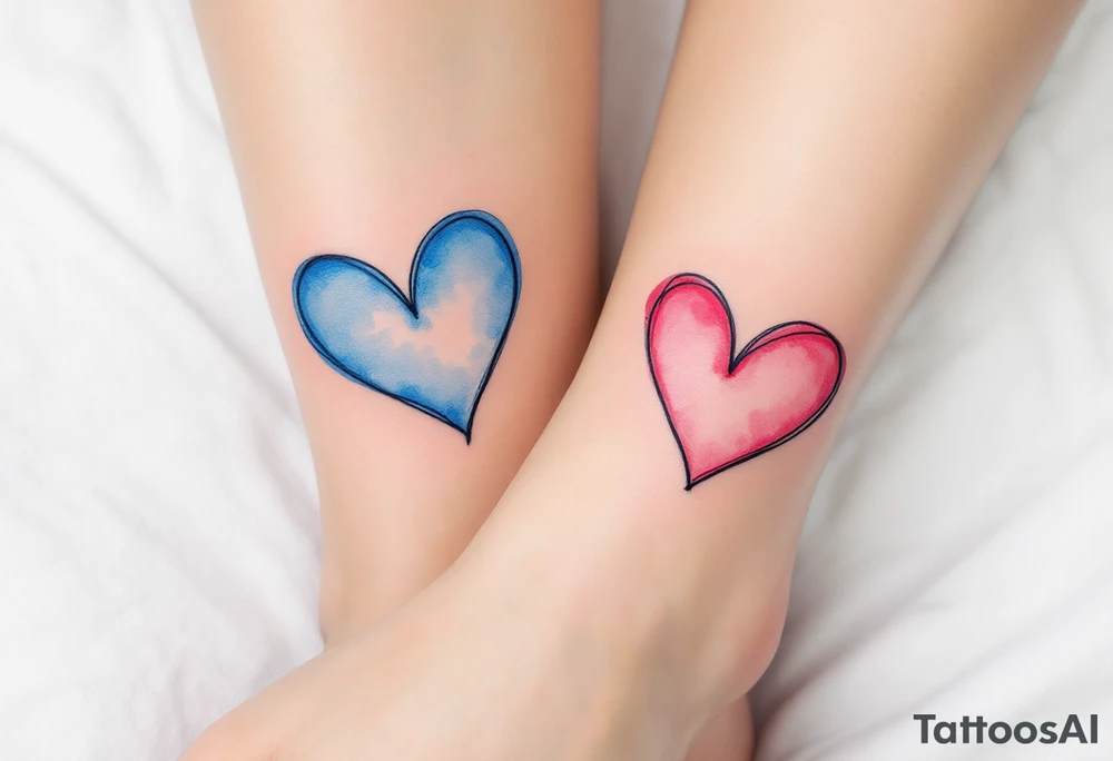 Two watercolor-style hearts—one blue, one pink—connected by a delicate black line across the ankles. tattoo idea