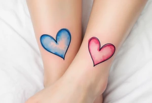 Two watercolor-style hearts—one blue, one pink—connected by a delicate black line across the ankles. tattoo idea
