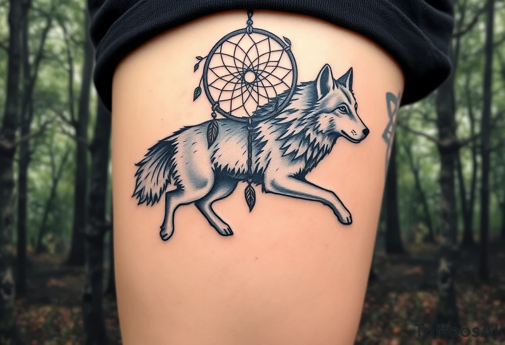 A wolf running through the woods, with dreamcatcher rings woven into the landscape. The wolf’s fur is shaded in shades of gray and white, while the dreamcatcher is adorned with green leaves and earthy brown tones tattoo idea
