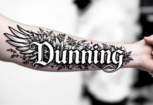 Dunning, left forearm details include angel wing, greek type of font,jungle leaves, name is big and in white color tattoo idea