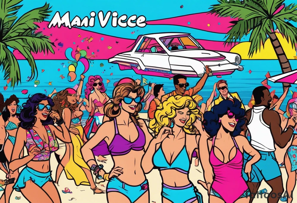 1980's miami vice style beach dance 
party, include confetti, music notes, boom box, bikinis tattoo idea