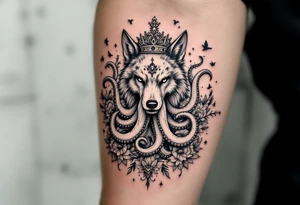 powerful majestic wolf octopus with a crown, surrounded by floral ornaments and birds tattoo idea