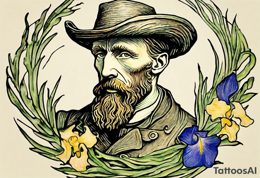 Create a colorful Vincent van Gogh Irises tattoo with a shield and spear. The tattoo should take the form of a crescent, with vines gracefully intertwining at a central point in the middle of the wreath.  The intended placement is on the upper chest. The overall design should be small in size while maintaining a delicate and artistic aesthetic. Pay attention to the graceful flow of the vines and the placement of the irises to achieve a refined and elegant look. tattoo idea