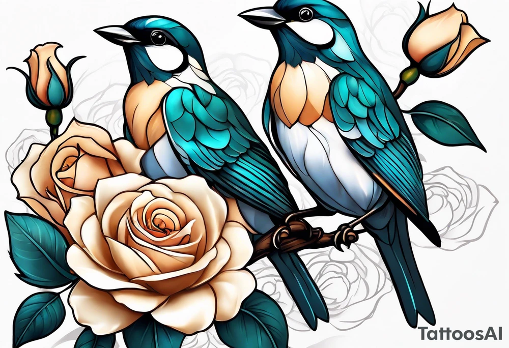 Two birds sitting on a stem of White roses, on bird is about to land next to them on the stem. tattoo idea