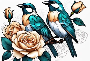 Two birds sitting on a stem of White roses, on bird is about to land next to them on the stem. tattoo idea