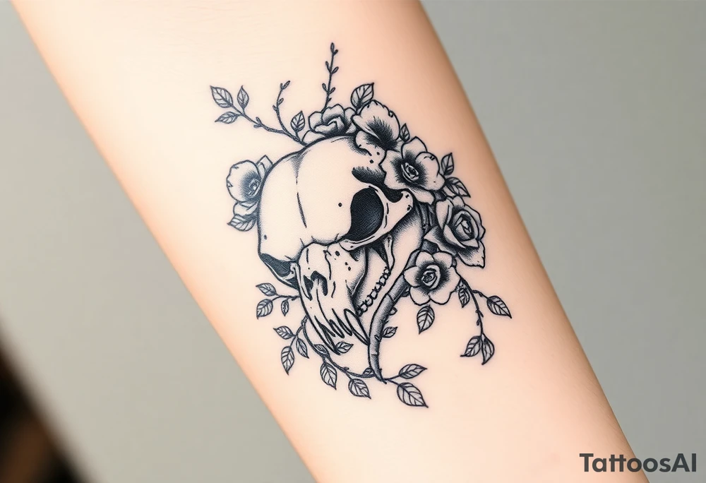 bear skull intertwined with climbing roses and thorny vines tattoo idea