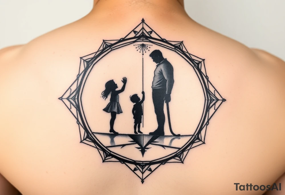 Geometric mirror portal tattoo, Art Deco frame mixed with sacred geometry, dual reflection showing silhouette of small child reaching upward on one side and strong adult figure on opposite side, abstract representation using shapes and shadows - child side has curved soft lines, adult side has sharp angular lines, dotwork and linework combination, black and grey, vertical design for upper arm tattoo idea