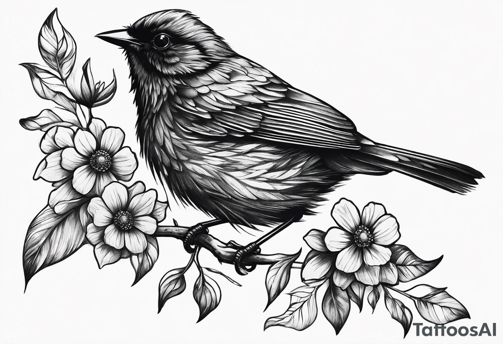 Black bird about to fly on a branch with flowers tattoo idea