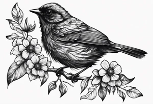 Black bird about to fly on a branch with flowers tattoo idea