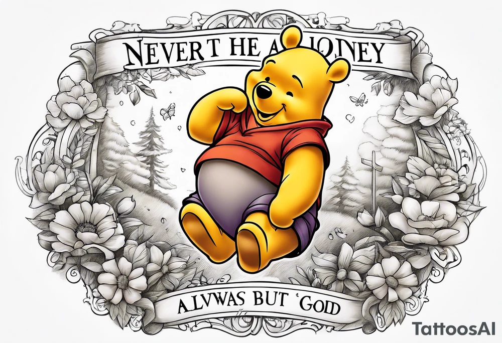 Winnie the Pooh with the words “ never alone always lonely, Always have faith but not in god” tattoo idea