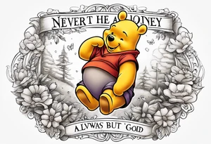 Winnie the Pooh with the words “ never alone always lonely, Always have faith but not in god” tattoo idea