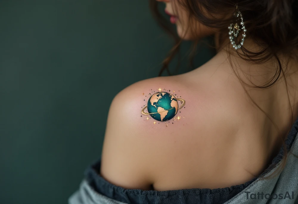 A hyper-realistic globe in ocean blue and emerald green is wrapped in a ring of glowing golden stars. tattoo idea