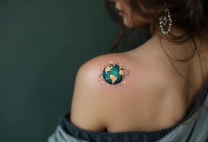 A hyper-realistic globe in ocean blue and emerald green is wrapped in a ring of glowing golden stars. tattoo idea