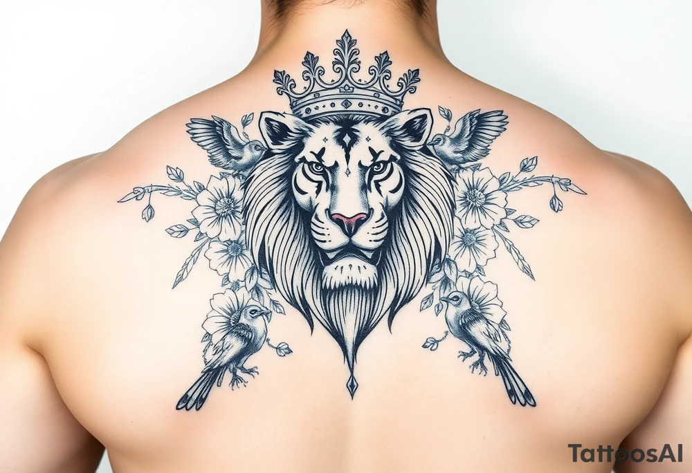 powerful majestic lion with a crown, surrounded by floral ornaments and birds tattoo idea