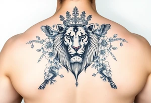 powerful majestic lion with a crown, surrounded by floral ornaments and birds tattoo idea