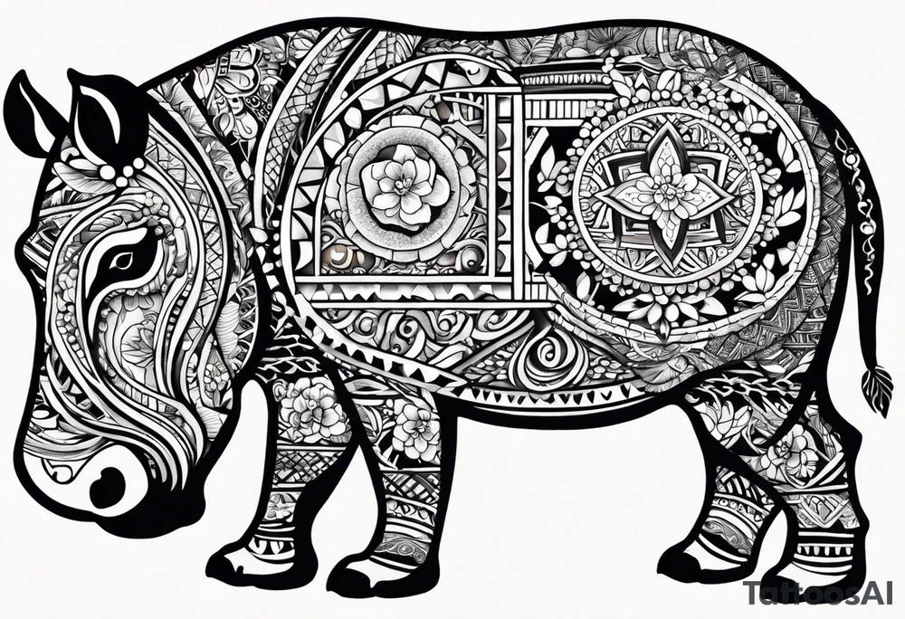 A foot long 2.5inches wide portrait orientation tattoo, containing a detailed hippo head with tribal patterns in the middle, a full moon on the upper side, and some wintersweet flowwer on the bottom side, these three components are connected with arches, lines, little geometric patterns, the lines will ne fine and narrow tattoo idea