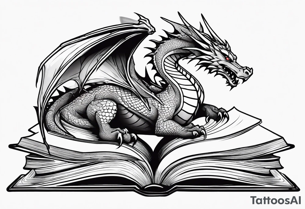 An open book with a dragon curled up and resting underneath it. tattoo idea