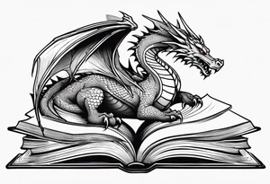 An open book with a dragon curled up and resting underneath it. tattoo idea