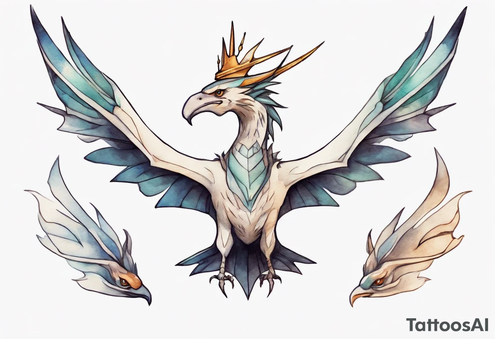 a bird-wyvern hybrid wearing a minimalist crown, flying tattoo idea