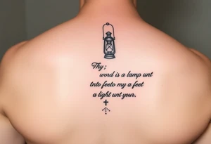 Someone holding a small lantern to light up a road with the text: "Thy word is a lamp unto my feet a light unto my path." The tattoo should be small and feminine tattoo idea